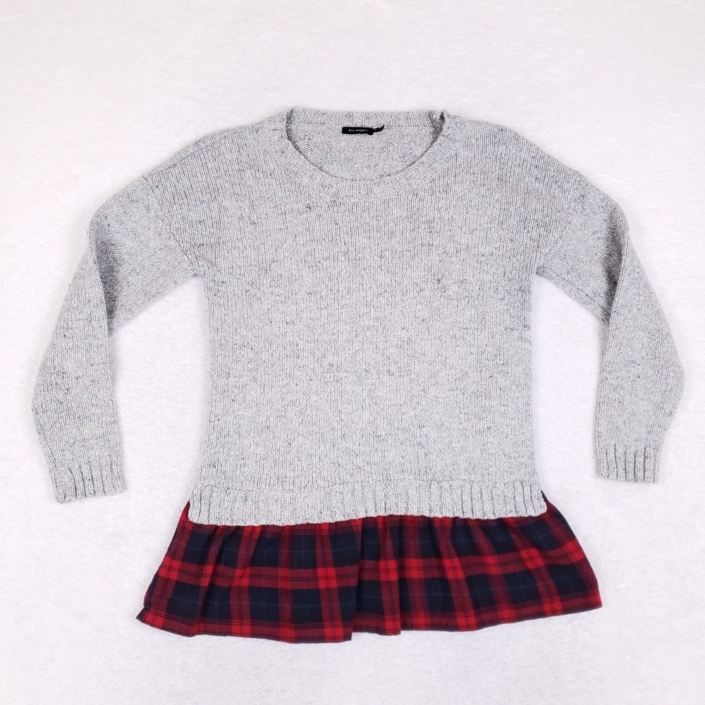 Blu Pepper Mixed Media Plaid Peplum Sweater Medium Gray Red‎ Preppy Layered Look
